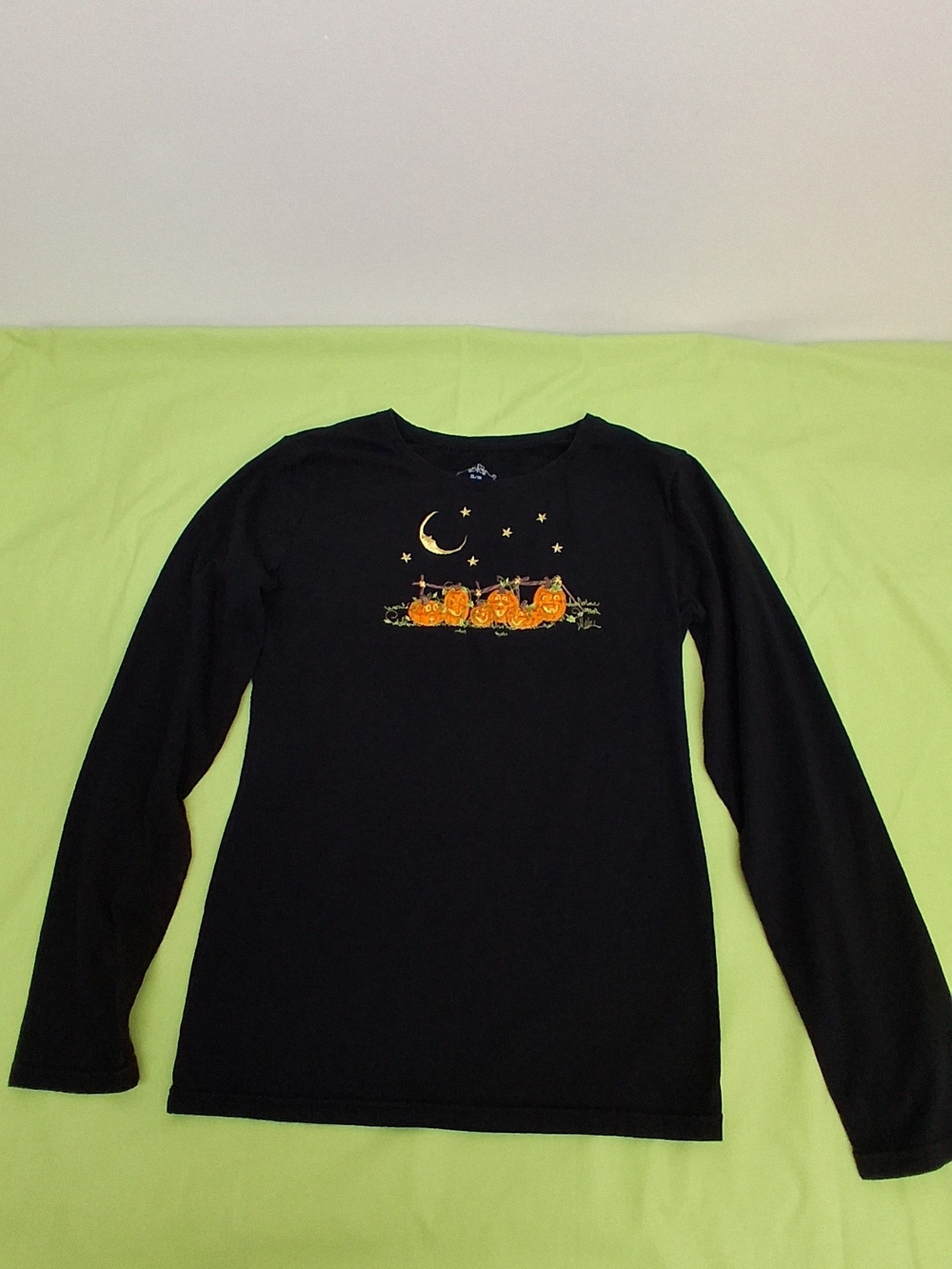 Black Long-Sleeve Tee with Pumpkin Night Graphic